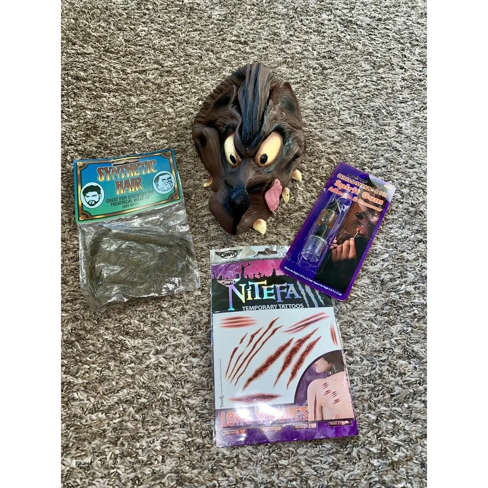 Big Bad Hungry Wolf Head Piece Hair Tattoos Spirit Gum Halloween Costume Lot